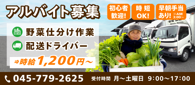 野菜仕分け作業、配送ドライバーのアルバイト募集 初心者歓迎!時短OK!早朝手当(AM3:00~)あり! 時給1,200円~